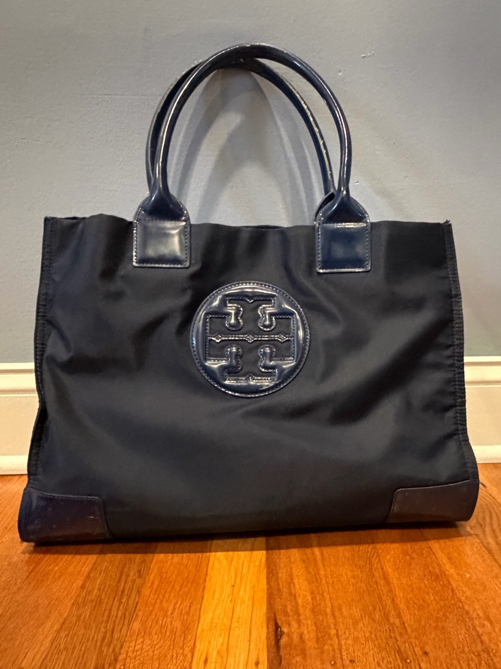 Tory Burch Navy Logo Tote with Patent Trim